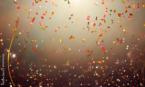 Confetti Dreams: A vibrant cascade of confetti rains down on a jubilant crowd, bathed in the warm glow of stage lights, capturing the electric atmosphere of a concert or celebration.