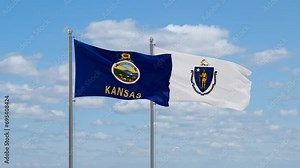 Massachusetts and Kansas US state flags waving together on cloudy sky, endless seamless loop