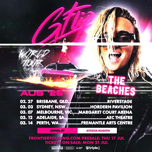 6.1K views | Multi-talented drummer, singer, songwriter and producer G Flip will return to Brisbane with the Dream Ride Tour this February . Joining G Flip across all shows is Canada four-piece The Beaches & singer, actress and multi-disciplinary creative Ayesha Madon. Playing the Brisbane Riverstage on Friday 27 February. Frontiertouring.com Presale: Thu 17 July, 12pm Tickets On Sale: Mon 21 July, 1pm | Frontier Touring | Facebook