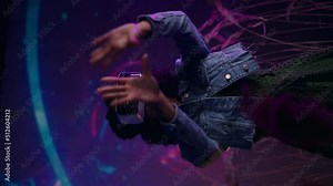 Metaverse digital cyber world technology, woman with virtual reality VR goggles playing augmented reality game, futuristic lifestyle