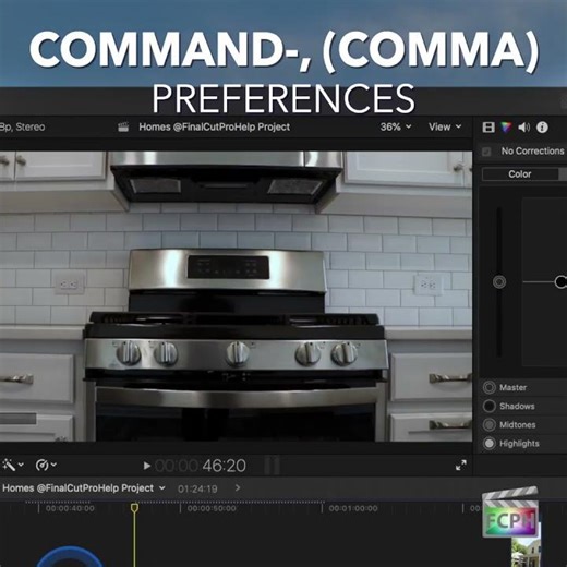 Final Cut Pro Shortcut | Command-, (Comma) | Settings