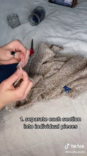 how to upcycle thrifted sweaters into usable yarn! #knittok #upcyclingfashion #knittersoftiktok #fyp #upcycling #fiberart #yarn #knit #thrifting #thrifttok #thrifted