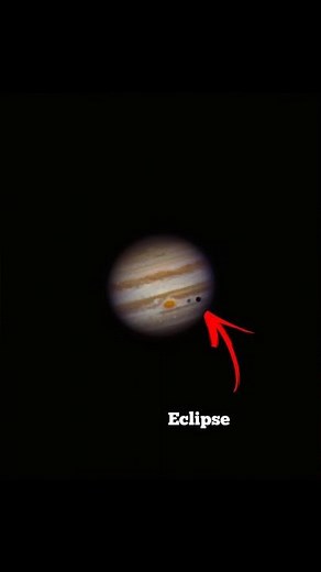 Planet Jupiter and its great storm, eclipse, and moons through the Telescope.