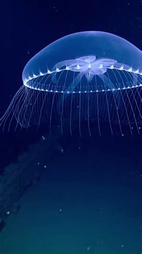 Crossota jellyfish A deep-sea jellyfish drifting in complete silence. With its crystal-clear dome and glowing ring of lights, this Crossota jelly looks like a living lantern in the darkness. | Deep Ocean World