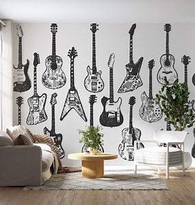 Music Instrument Wallpaper, Modern Rock Bar Wall Mural, Rock and Roll Wallpaper, Hand Drawn Guitars Sneakers and Skulls Peel and Stick #62 - Etsy