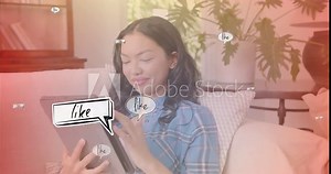 Using tablet, woman surrounded by animated speech bubbles