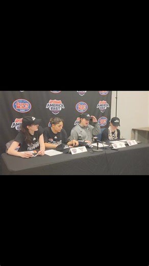 Sarah Talon, Adrianna Smith, coach Amy Vachon, and Anne Simon postgame after University of Maine’s America East title win over Vermont #MarchMadness #marchmadnesswbb #postgame #champions | Eastern Maine Sports