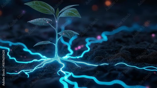 Single futuristic plant growing in digital soil with holographic roots. Glowing neon veins