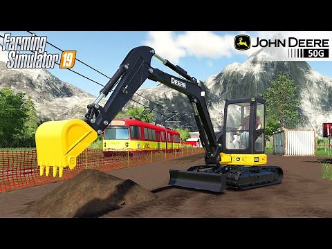 Farming Simulator 19 - JOHN DEERE 50G Excavator Digs The Dirt At The Construction Of The Railway