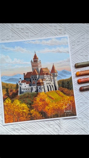 Drawing Bran Castle in Autumn with Oil Pastel #oilpastel #oilpasteldrawing #oil pastels #oilpastle