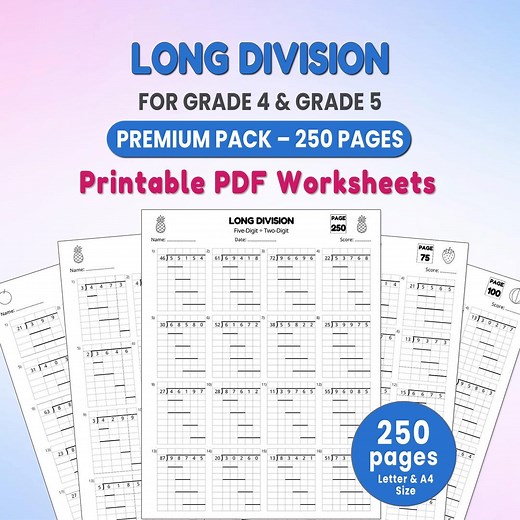 250 Long Division Worksheets Pack | Printable Math Practice for Grades 4 and 5 | Long Division Practice | Long Division Printable Worksheets - Etsy