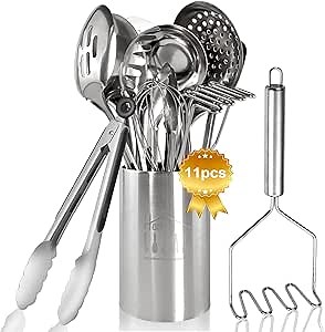 Cooking Utensils Set 11pcs - Stainless Steel Kitchen Utensils Set with Holder, Heat Resistant Kitchen Utensils Sets for Cooking with Turners, Potato Masher, Skimmer, Spoons, Ladle, Tongs, Whisk