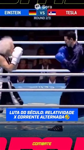 86K views · 92 reactions | Imagina só… Albert Einstein e Nikola Tesla trocando jab e direto em vez de fórmulas e invenções! ⚡️壘 De um lado, o mestre da relatividade, calculando o tempo de cada golpe com precisão científica.⏱️ Do outro, o gênio da eletricidade, pronto pra soltar choques de energia pura a cada movimento! ⚡️ Conta aí: você apostaria no poder da física ou na força da corrente alternada?  : @underpaid_mom #MEMEnoCombate | Combate | Facebook