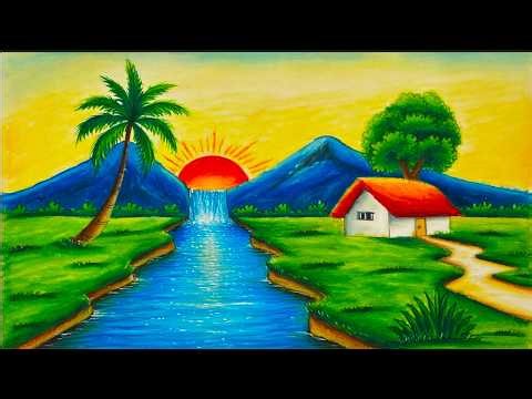 Beautiful Sunset Landscape Drawing | Easy River & Waterfall Nature Painting Tutorial