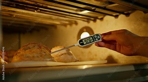 baker measures the temperature of freshly baked bread in the oven with a thermometer bakery production of pastries