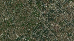 Shanghai ghetto roofs map background loop. Spinning around China city air footage. Seamless panorama rotating over downtown backdrop.