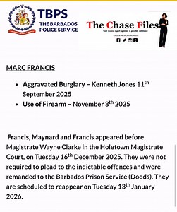 The Barbados Police Service (TBPS) Criminal Investigations Department (North), has arrested and formally charged Marc Anderson Francis, 39 years of Yearwood Road, Mount Standfast, St. James, Junior Maynard 19 years of The Garden, St. James and Damario Javon Francis 19 years of Sion Hill, St. James for the following offences: JOINT CHARGES – Marc Francis, Jahmali Maynard and Damario Francis Criminal Damage – Barbados Public Workers’ Co-Operative Credit Union 22nd July 2025 JOINT CHARGES – Marc Fr