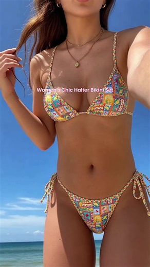 Women's All Over Print Bikini Set, Chic Halter Neck Swim Bra & Tie Side Swim Thong, Ladies Swimsuit for Summer Beach Holiday Vacation, Halter Bikini Top Bikini Swimsuits