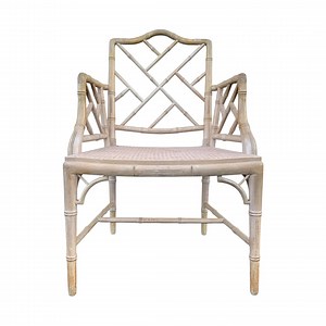 Vintage Chinese Chippendale Arm Chair - Faux Bamboo, Rattan Cane Seat, Whitewashed Wood, Chinoiserie Fretwork, Cushions, Hollywood Regency - Etsy
