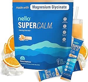 Nello Supercalm Powdered Drink Mix, Cortisol Reducer* and Sleep Aid Supplement, L Theanine, Ksm-66 Ashwagandha, Magnesium Glycinate, Vitamin D 3, No Sugar, Non GMO, On The Go, 20 Ct, Orange Creamsicle