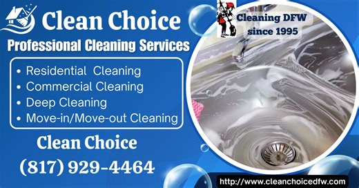 Ready for a fresh start in 2026? There's no better way to begin the new year than with a sparkling clean home or office. Clear the clutter, banish the dust, and step into 2026 feeling refreshed and ready. ✨ Customized deep cleaning tailored to your needs ✨ Local, family-owned and trusted by DFW families ✨ Satisfaction guaranteed 🎊 NEW YEAR SPECIAL: $40 OFF your first cleaning! Start the year right—clean slate, clean home, clean start. 📞 Call Clean Choice today for a fresh start: (817) 929-4464