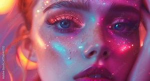Girl with fair skin, blue eyes, long false eyelashes, bright makeup in neon colors