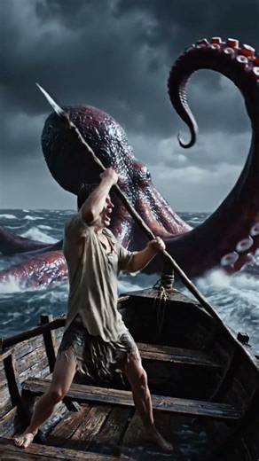 a giant octopus fight with a man #aivideo #octopus #a man #animotion #sea