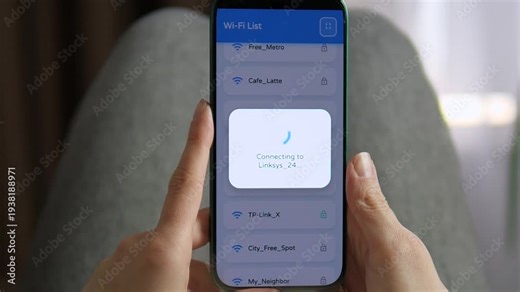Modern Wi-Fi list interface on a smartphone screen. A person selects a network, showing the transition from a connecting state to a failed connection alert. Ideal for software testing, mobile UI or UX