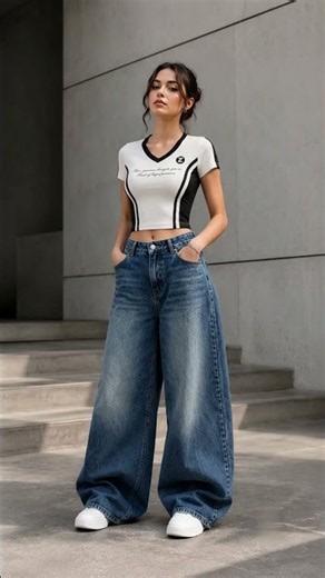 Women's Casual Outfit | White Crop Top with Wide Leg Blue Jeans | Trendy Street Style