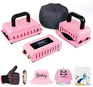 Hat Heat Press, 2-in-1 Mini Press Machine Set with Pressing Fixture for Caps, T-Shirts, Bags, 110V Machine, Curved Heating Plate Easy (Pink) (19HHP-PK)
