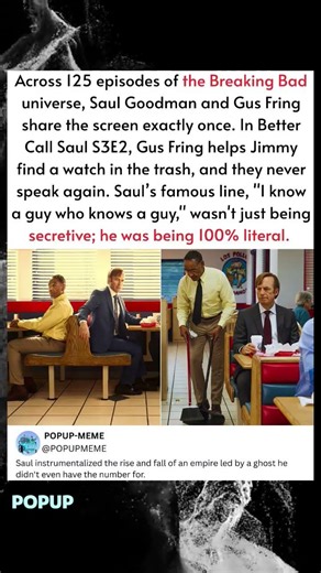 Across 125 episodes of the Breaking Bad universe. Saul Goodman and Gus Fring share the screen exact