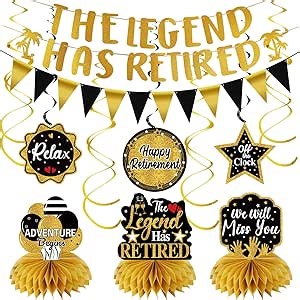 Retirement Party Decorations for Men Women, Black Gold Happy Retirement Decorations Kit The Legend Has Retired Banner Retired Table Centerpieces Hanging Swirls Party Supplies 12PCS