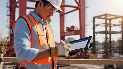 Professional construction engineer using a rugged tablet for digital project management, conducting site inspections, and ensuring quality control on a modern building site for optimized efficiency...