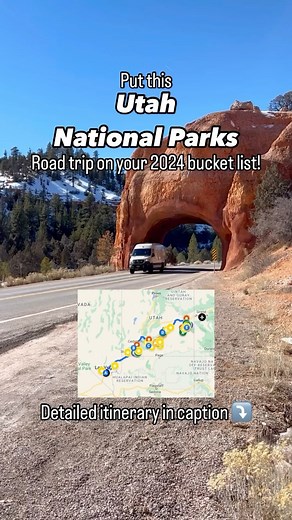Sarah + Tim | Adventure Travel Couple on Instagram: "🚐 Utah “Mighty 5” National Parks Road Trip Itinerary ⤵️ ⚡️Put this on your 2024 bucket list! Fly in to either Salt Lake City, Grand Junction, or Las Vegas. Then, follow this itinerary to all 5 Utah National Parks! Day 1: 📍Full day in Zion National Park 🥾Watchman Trail 🥾Emerald Pools Trail 🥾Weeping Rock Trail (check for closures) Day 2: 🥾Day hike in Zion National Park (Angels Landing or the Narrows) Day 3: 📍Morning in Zion National Park 