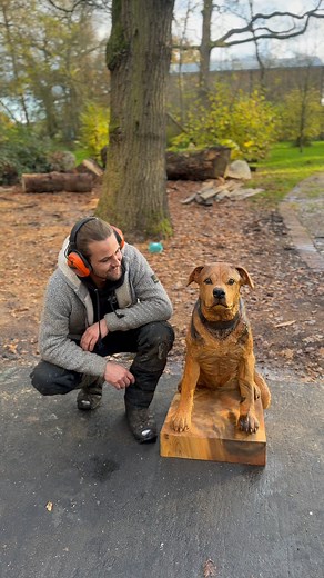 Creating this sweet crossbreed dog! 🧡 #doglover #crossbreed #chainsaw #woodcarving | Michael Jones Chainsaw Sculptor