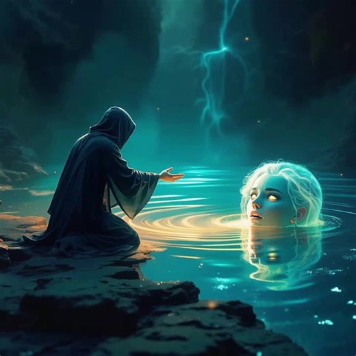 The Wishing Pool: Reflections of What Could Be A lone figure, cloaked in a flowing, hooded robe, kneels at the edge of the Wishing Pool, its shimmering liquid surface reflecting a kaleidoscope of alternate realities and unrealized dreams. The figure's hand reaches out, as if beckoned by their own reflection – a vibrant, ethereal version of themselves, with eyes aglow, straining to break free from the pool's surface. The reflection's mouth is set in a determined line, as if willing the figure to 
