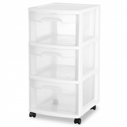 Sterilite 3 Drawer Medium Cart, Clear Plastic Storage Drawers, Wheels Included, White