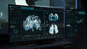 Medical Computer Program Analysis A Lot Of CT Images. Searching For Lungs Injuries To Set Covid-19 Diagnose. Medical Research Of Patient's Data. Modern Technologies To Study Respiratory Diseases.