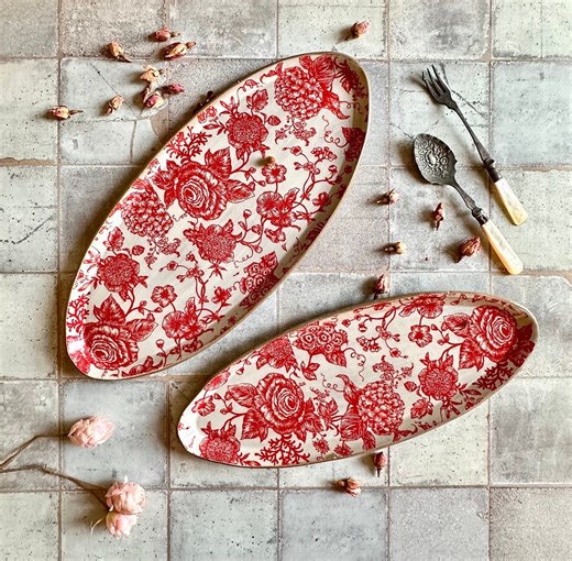 Handmade Ceramic Oval Serving Platter Set: Red Floral Table Decor - Etsy