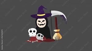 Witch with Scythe and Skulls Halloween Animation in 4K. Perfect for Scary Horror-Themed Animations, Spooky Motion Graphics, Halloween Character Animation, and Creepy Witch Motion Visuals