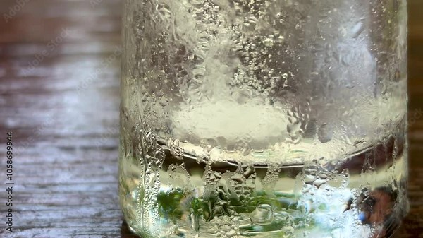 Close up an effervescent tablet in a glass of water with space, warm tone lighting, real time footage.