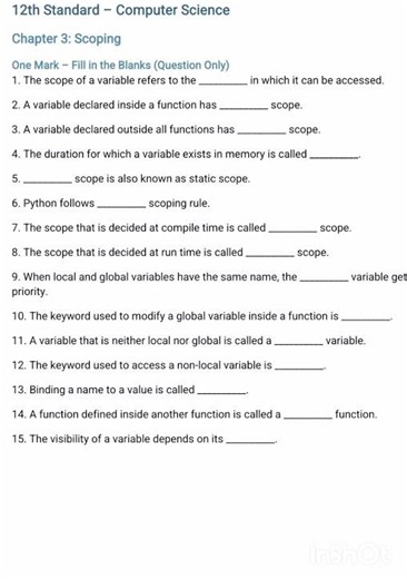 12th Std Computer Science – Chapter 3 One Mark Questions