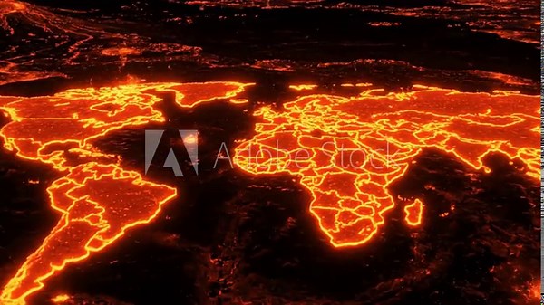 world map outlines glowing hot lava abstract
