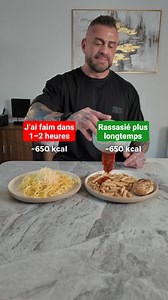 Pourquoi ces pâtes calent plus ? Même plat. Même ordre de calories. Mais pas du tout la même sensation après. D’un côté, une assiette construite pour la satiété : ➡️ des protéines pour ralentir la digestion ➡️ des fibres via les légumes ➡️ des glucides plus lents ➡️ un peu de gras, mais maîtrisé Résultat : tu manges, tu te poses… et tu n’y penses plus. De l’autre, une assiette rapide à digérer : ➡️ beaucoup de glucides raffinés ➡️ peu de protéines ➡️ peu de volume ➡️ beaucoup de calories “facile