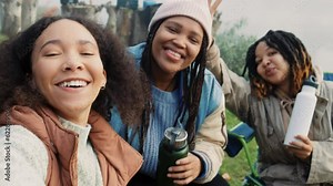 Selfie, video and peace with camping friends together in the forest or woods to explore for adventure. Portrait, photograph and a group of women outdoor in the wilderness for bonding in nature