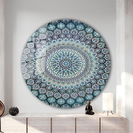 Turkish Tile Tempered Glass Wall Art | Round Ethnic Mandala - Etsy