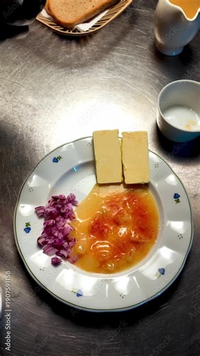Vertical close-up of chef sprinkling seasoning onto cheese sauce appetiser in professional kitchen, ideal for social media, menus, and food advertising.