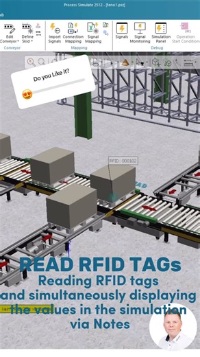 Benjamin Völzke on Instagram: "🚀 Process Simulate 2512 — Smart RFID Routing, Conveyor Logic & Virtual Commissioning UI! 🤖📦 In this video, I’m showcasing a brand-new virtual commissioning project built in Siemens Process Simulate 2512 — featuring RFID tag handling, dynamic conveyor routing, custom UI controls, live tag visualization, 3D text, and textured components for clearer layouts. You’ll see how: 🔹 RFID tags can be written, read, and updated during simulation 🔹 Conveyors, lifts & diver