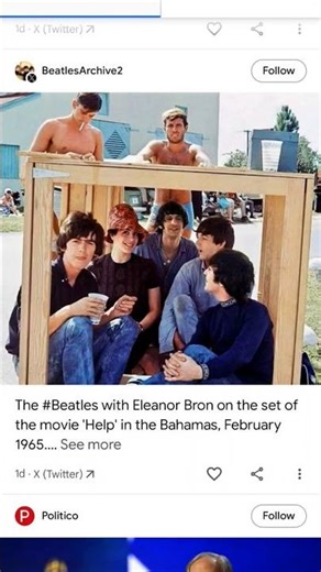 The Beatles with Eleanor Bron on the set of the Movie ' Help in the Bahamas, February 1965
