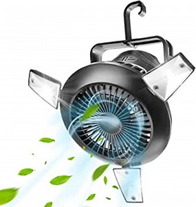 Camping Fan with LED Lantern,Rechargeable Battery Powered Outdoor Tent Fan with Hanging Hook, 4 Speed Personal USB Desk Fan with 4 Light Modes for Tent, Fishing,Office, Picnic,Travel, Adventure